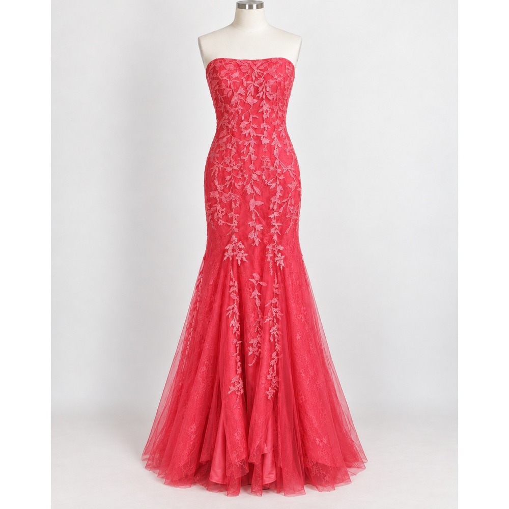 Lavetir Coral Pink Floral Lace Strapless Mermaid Prom Gown Lace-Up Back Train XS